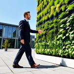 A diverse professional in a modest business suit, walking by a modern building featuring an extensive, vibrant vertical garden on its facade in a sunny urban setting. The greenery provides a sense of coolness and natural beauty against the city backdrop. The scene is well-lit, clean, and highlights innovative sustainable architecture. perfect anatomy, correct proportions, natural pose, well-formed hands, proper finger count, natural body proportions, professional photography, high quality, safe for work, appropriate content, fully clothed, professional dress, family-friendly.