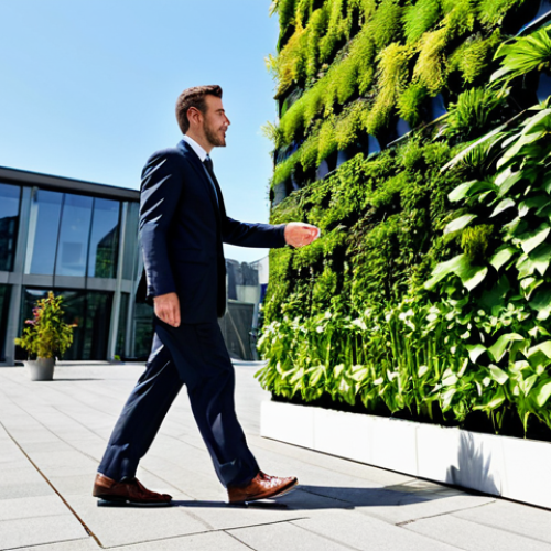 Home 4 A diverse professional in a modest business suit, walking by a modern building featuring an extensive, vibrant vertical garden on its facade in a sunny urban setting. The greenery provides a sense of coolness and natural beauty against the city backdrop. The scene is well-lit, clean, and highlights innovative sustainable architecture. perfect anatomy, correct proportions, natural pose, well-formed hands, proper finger count, natural body proportions, professional photography, high quality, safe for work, appropriate content, fully clothed, professional dress, family-friendly.