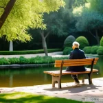 Home 15 도시 녹지 공간과 주민 건강 증진 - A serene and idyllic scene capturing the essence of stress relief in an urban oasis. A person, dress...