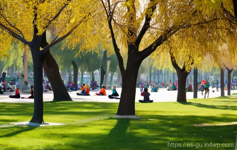 도시 녹지 공간과 주민 건강 증진 - A serene and idyllic scene capturing the essence of stress relief in an urban oasis. A person, dress...