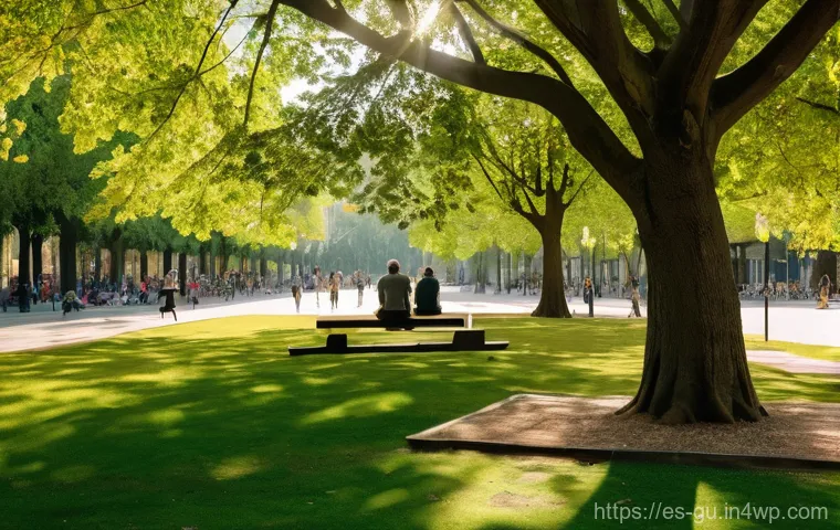 도시 녹지 공간의 기능과 역할 - **A Serene Urban Oasis for Mindful Well-being:**
    A vibrant, sun-dappled urban park in a European...