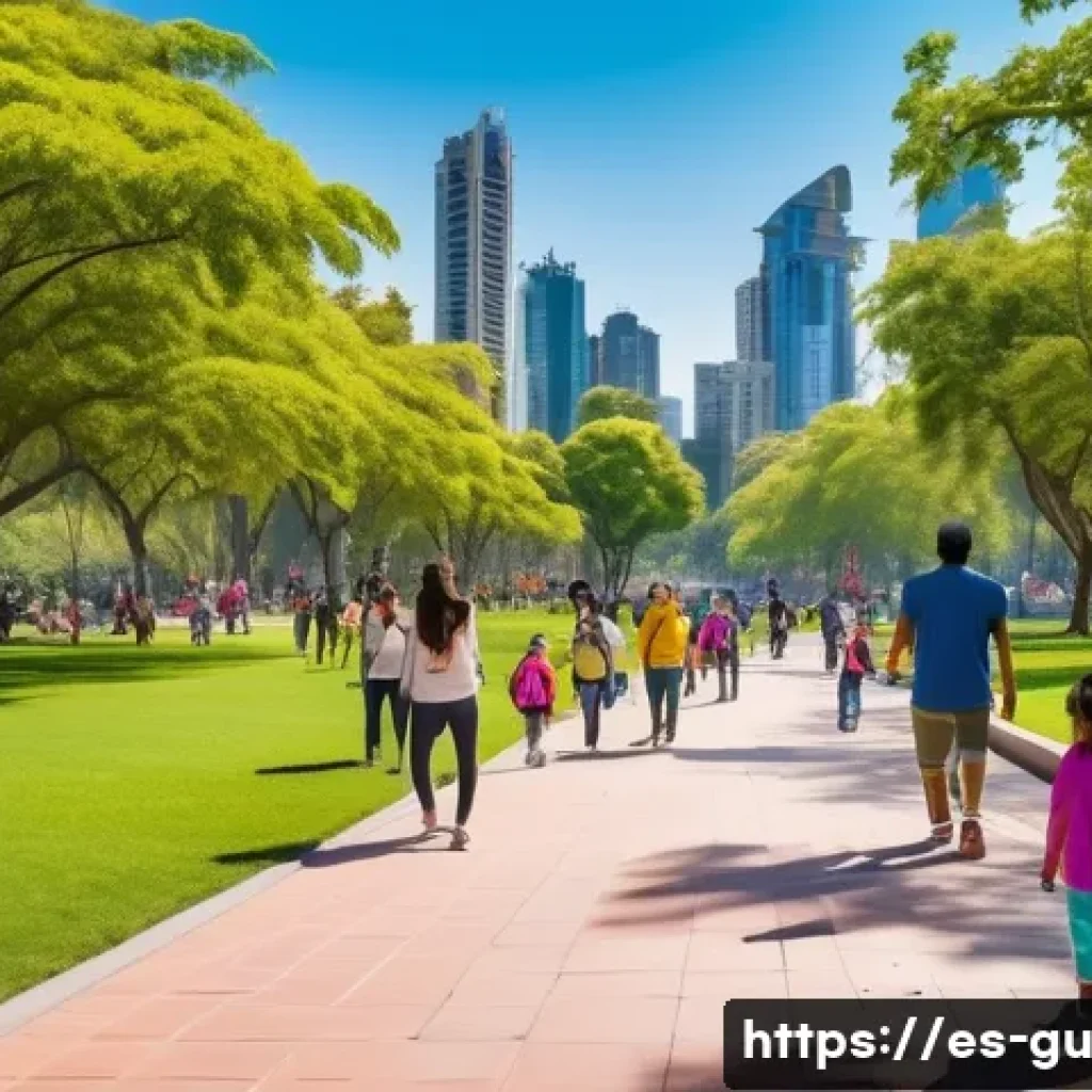 도시 녹지와 기업의 사회적 책임 - A vibrant urban park in a modern Latin American city, bustling with diverse families, joggers, and c...