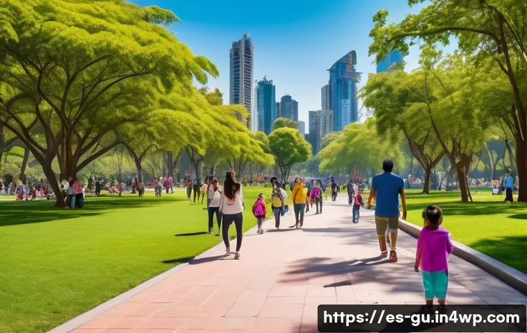 도시 녹지와 기업의 사회적 책임 - A vibrant urban park in a modern Latin American city, bustling with diverse families, joggers, and c...
