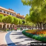 Home 20 도시 녹지와 생태적 지속 가능성 - A vibrant urban park in a Spanish city during springtime, featuring diverse native trees and colorfu...