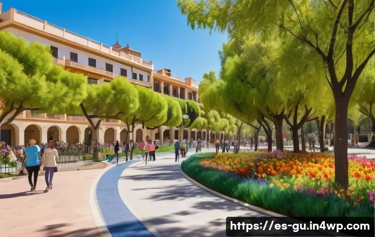 도시 녹지와 생태적 지속 가능성 - A vibrant urban park in a Spanish city during springtime, featuring diverse native trees and colorfu...