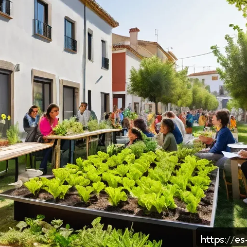 도시 녹지 확장 운동을 위한 시민 참여 방안 - A vibrant community workshop scene in a sunny urban neighborhood in Spain, featuring diverse local r...
