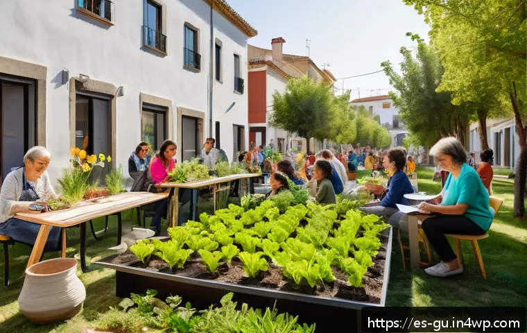도시 녹지 확장 운동을 위한 시민 참여 방안 - A vibrant community workshop scene in a sunny urban neighborhood in Spain, featuring diverse local r...