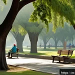 Home 23 도시 녹지와 재해 대비의 상관관계 - A vibrant urban park in Mexico City during summer, showcasing tall native trees providing dense shad...