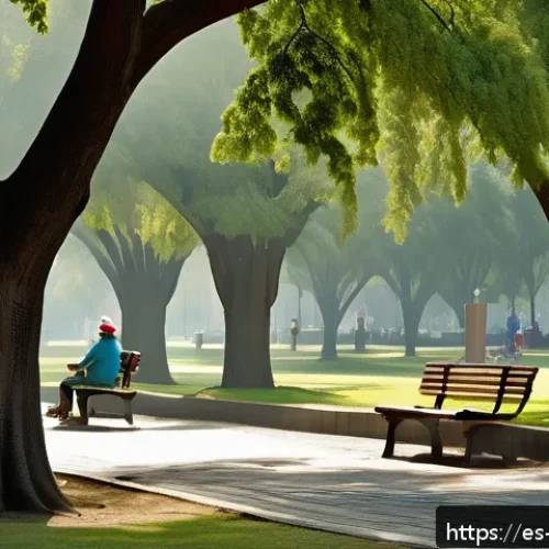 Home 17 도시 녹지와 재해 대비의 상관관계 - A vibrant urban park in Mexico City during summer, showcasing tall native trees providing dense shad...